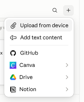 Меню добавления в Context: загрузка с устройства, вставка текста, GitHub, Canva, Drive и Notion