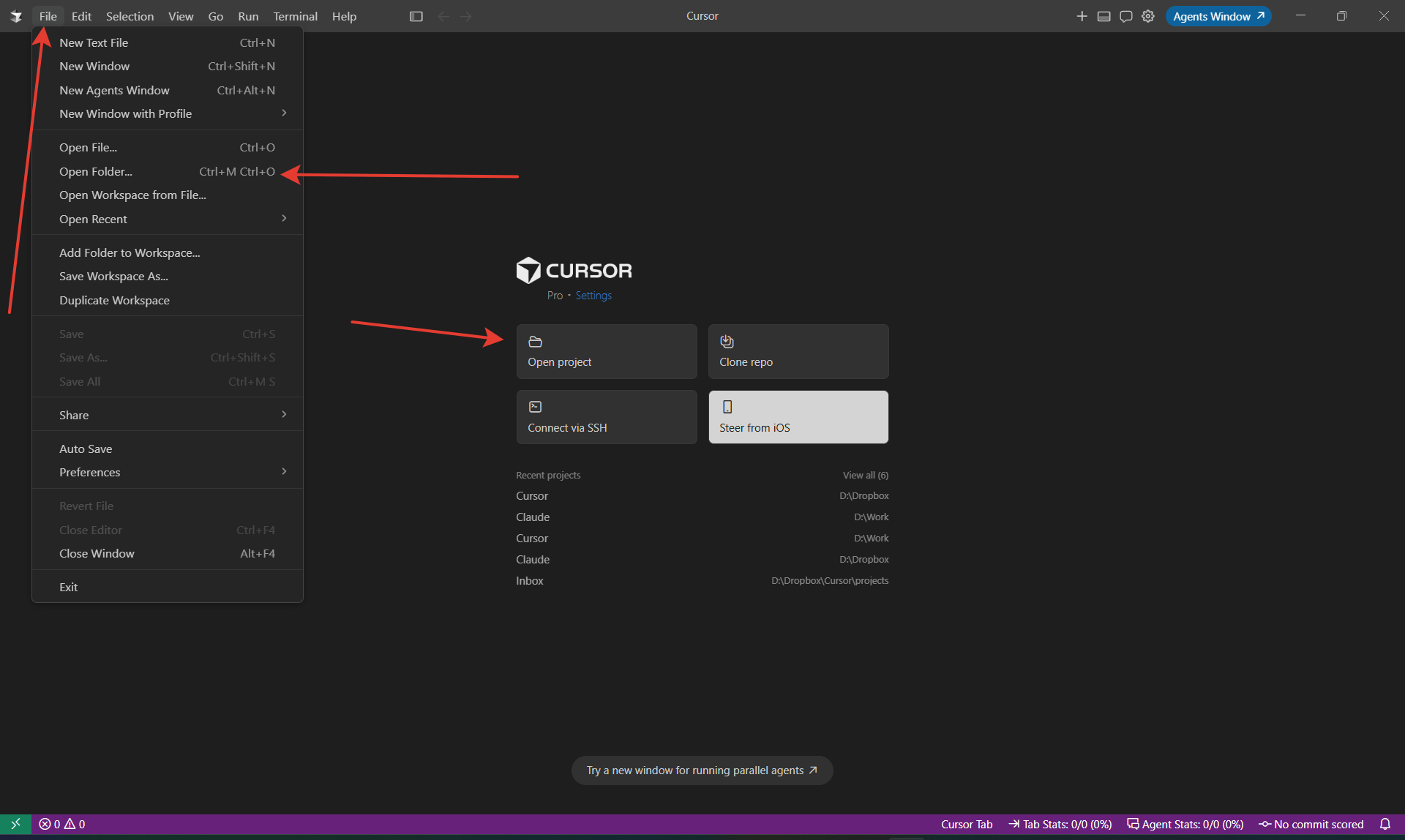 Меню File с пунктом Open Folder