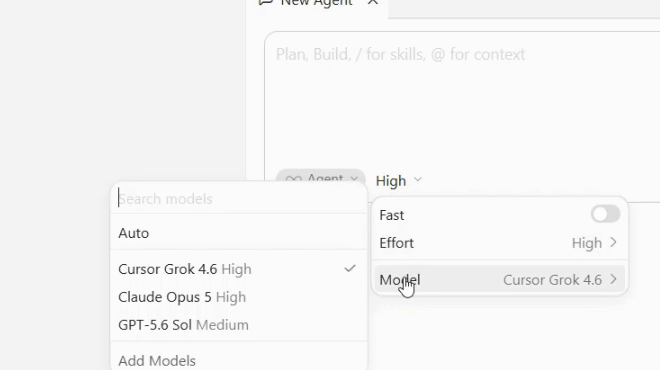 Меню модели в чате агента Cursor: пункт Model и список моделей, нужна Claude Opus 5