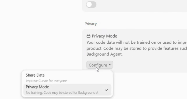 Блок Privacy в настройках Cursor: Configure и выбранный Privacy Mode