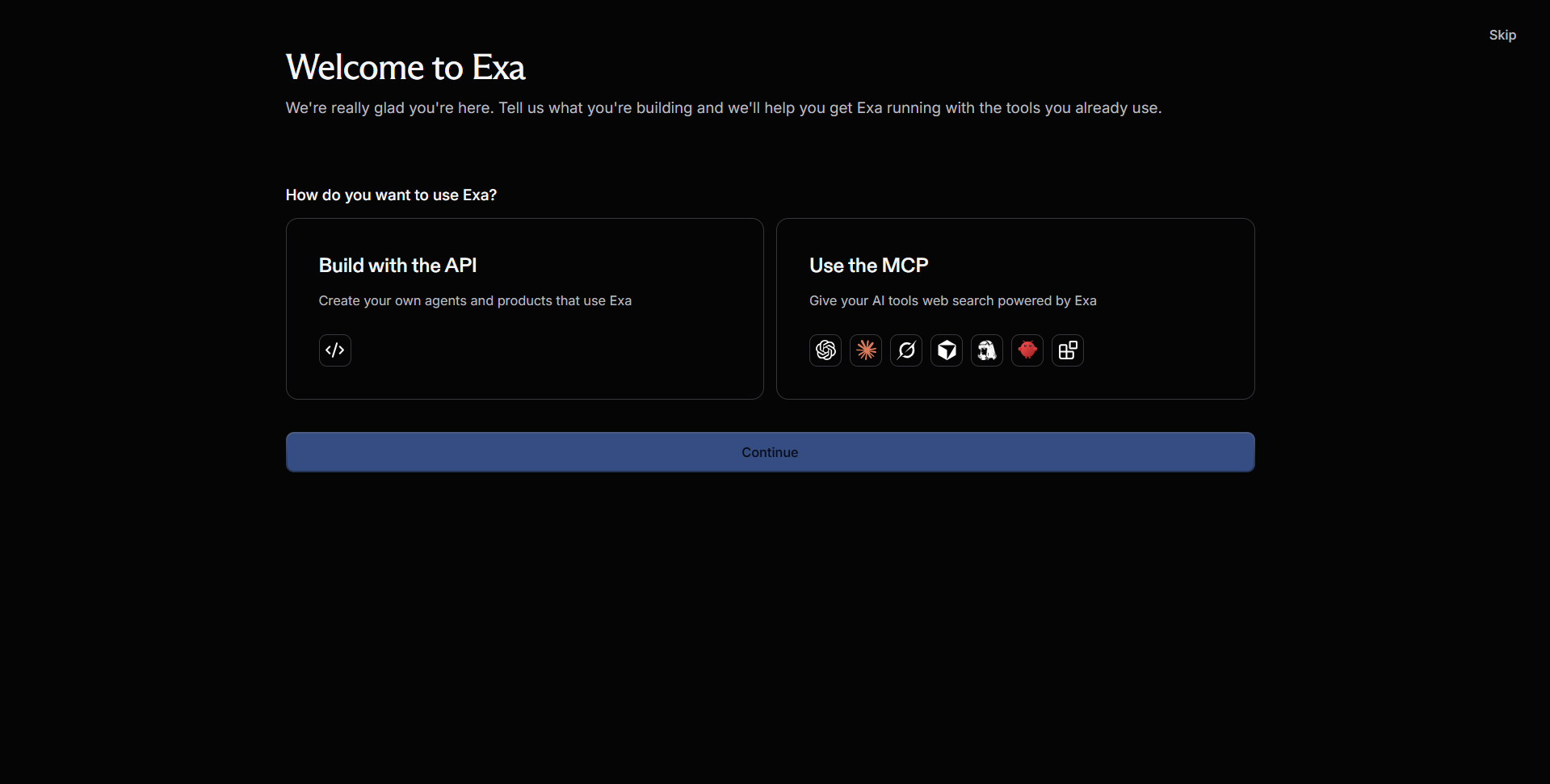 Exa: выбор «Build with the API» или «Use the MCP»