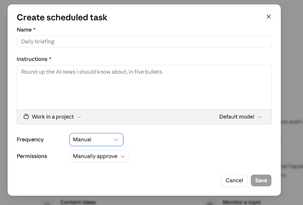 Окно Create scheduled task, открытое со страницы расписаний: имя, инструкции, поле «Work in a project», выбор модели, частота и разрешения