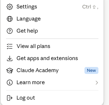 Меню аккаунта Claude, в нём пункт Settings