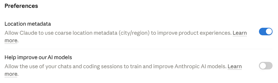 Тот же раздел после выключения: переключатель «Help improve our AI models» выключен