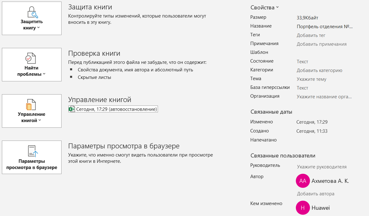 Экран «Сведения»: Excel предупреждает, что файл содержит имя автора, абсолютный путь и скрытые листы, а справа в свойствах указан автор