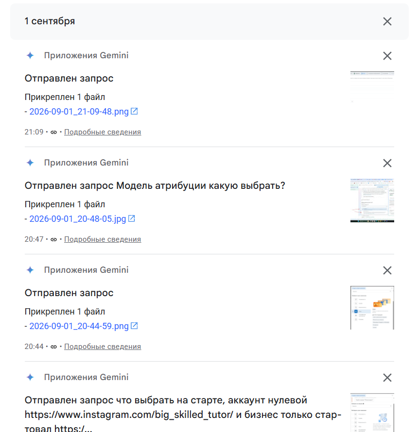 Журнал активности Gemini: записи по дням, у каждой текст запроса, приложенный файл с именем, миниатюра экрана и точное время отправки