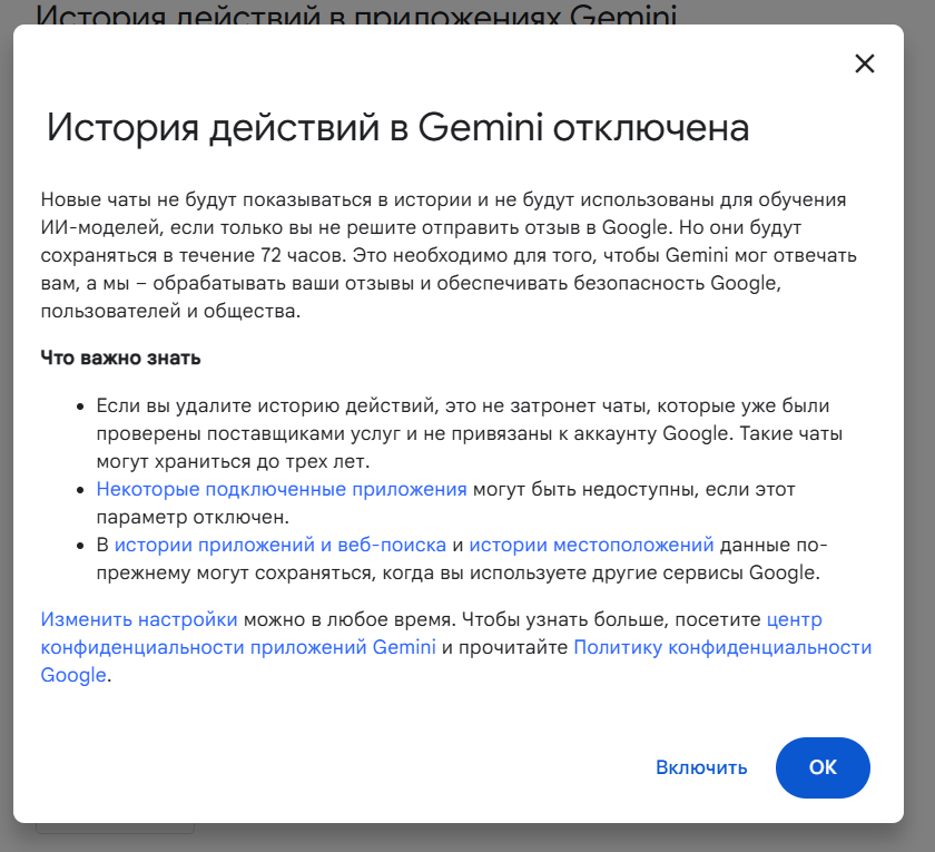 Подтверждение: «История действий в Gemini отключена», ниже блок «Что важно знать» с оговорками про отзывы, чаты у поставщиков услуг и историю других сервисов Google